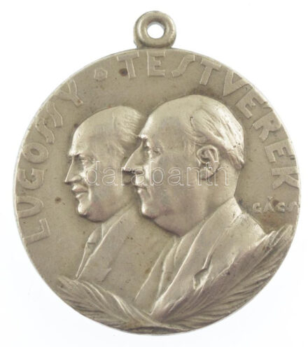 Gács Lajos (1905-1981) 1943. 'Lugossy testvérek / Krolupper Művek kultúrház avatása emlékére 1943' fém emlékérem füllel (35mm) T:2 ph. / Hungary 1943. 'Lugossy brothers / Commemorate the Krolupper Works cultural center houswarming '