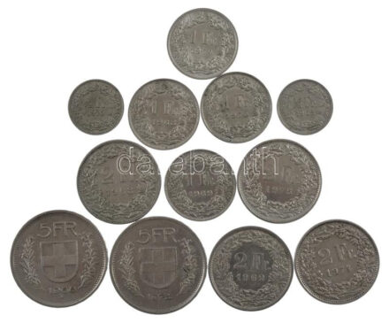 Svájc 1968-1970. 1/2Fr Cu-Ni (2xklf) + 1968-1974. 1Fr Cu-Ni (4xklf) + 1968-1975. 2Fr (4xklf) + 1968-1974. 5Fr Cu-Ni (2xklf) T:1-,2 Switzerland 1968-1970. 1/2 Francs Cu-Ni (2xdiff) + 1968-1974. 1 Francs Cu-Ni (4xdifF) + 1968-1975. 2 Francs