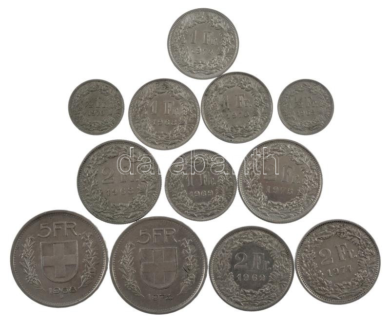 Svájc 1968-1970. 1/2Fr Cu-Ni (2xklf) + 1968-1974. 1Fr Cu-Ni (4xklf) + 1968-1975. 2Fr (4xklf) + 1968-1974. 5Fr Cu-Ni (2xklf) T:1-,2 Switzerland 1968-1970. 1/2 Francs Cu-Ni (2xdiff) + 1968-1974. 1 Francs Cu-Ni (4xdifF) + 1968-1975. 2 Francs