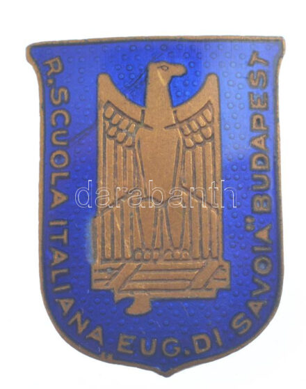 ~1930. 'Budapesti Savoyai Jenő Olasz Királyi Iskola' zománcozott bronz jelvény, hátlapon 'MORZSÁNYI BUDAPEST ESKÜ-ÚT 5.' gyártói jelzéssel (22x12mm) T:2 kis karcok / Hungary ~1930. 'Universita Italiana per Stranieri Perugia' enamelled