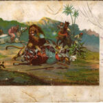 1902 Hunting art postcard, lion hunters. litho (b)