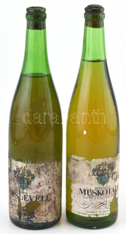 cca 1970-1980 Domoszlói Muskotály, és Debrői Hárslevelű, mátrai borvidék, bontatlan félédes fehérborok, sérült, piszkos címkékkel, 0,7l.