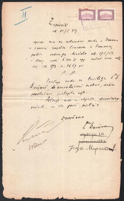 1919 Horvát nyelvű dokumentum Parlament 50f párral / Document issued in Zemun Croatia, with 50f Parliament pair