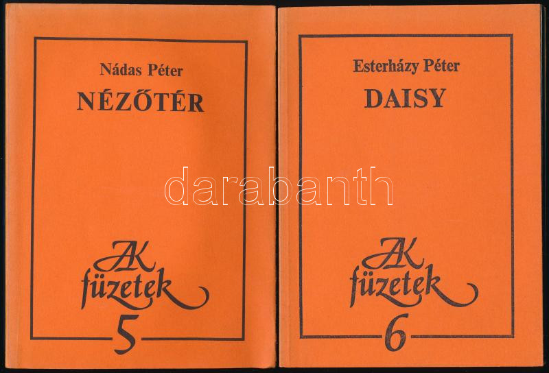 AK Füzetek sorozat 2 kötete (5., 6.): Esterházyy Péter: Daisy, Nádas Péter: Nézőtér. Kiadói papírkötésben. Bp., 1983-1984., Magvető. Kiadói papírkötés.