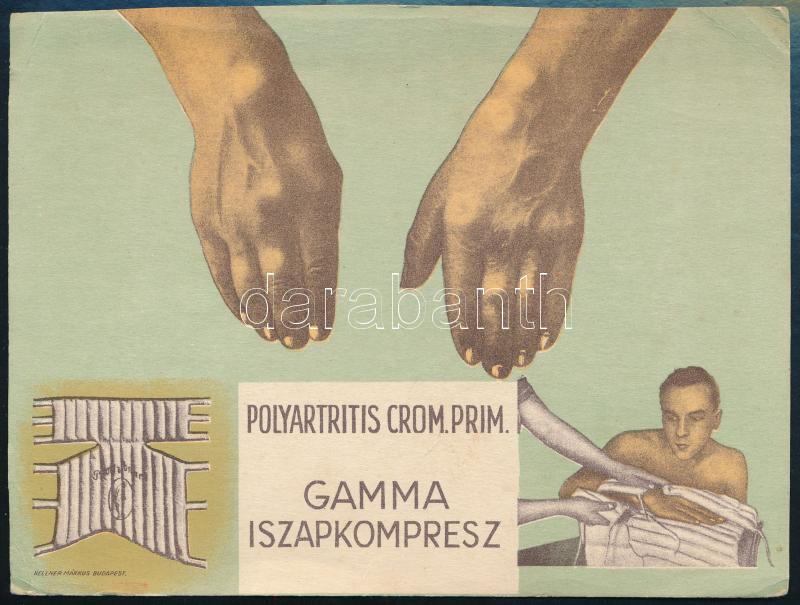 1939 Gamma iszapkompressz, Chinoin gyógyszerreklám, illusztrált, nagyméretű levelezőlap, postázva, 17x13 cm