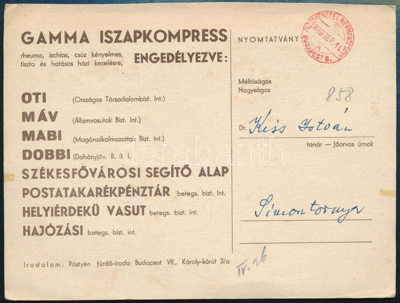 1939 Gamma iszapkompressz, Chinoin gyógyszerreklám, illusztrált, nagyméretű levelezőlap, postázva, 17x13 cm - Image 2