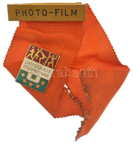 1965. 'Universiade Budapest 1965' a FISU világjátékok aranyozott, zománcozott bronz jelvénye + bronz jelvény 'Photo - Film' felirattal, mindkettő egy szalagon. Sajtós jelvény? T:2