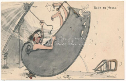 Bade zu Hause / Fürdőzés otthon, humor / Bathing at home. B.K.W.I. 349-2. s: Rud. Kristen