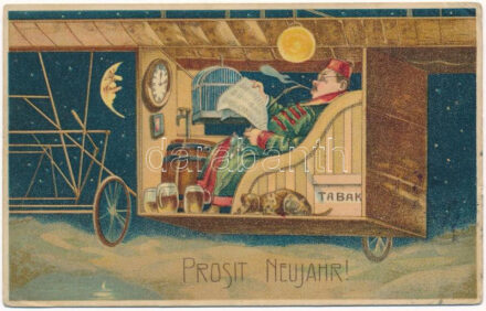 Prosit Neujahr! / Újévi üdvözlet, repülő lakóház, humor / New Year greeting, flying house humour. SB 3231. litho (Rb)