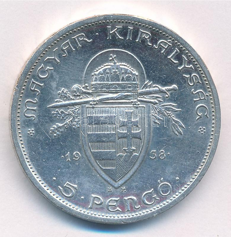 1938. 5P Ag 'Szent István' T:1-,2 ph, karc Adamo P8.1 - Image 2