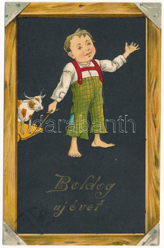 1907 Boldog új évet! Dombornyomott szecessziós litho / New Year greeting. Art Nouveau, embossed litho