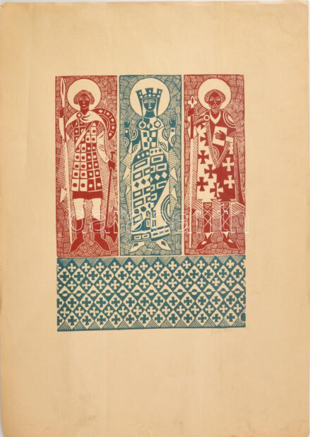 Győri (?) 1972 jelzéssel: Árpád-házi szentek. Linómetszet, papír, apró lapszéli szakadásokkal, ázásnyomokkal, 35,5x26 cm