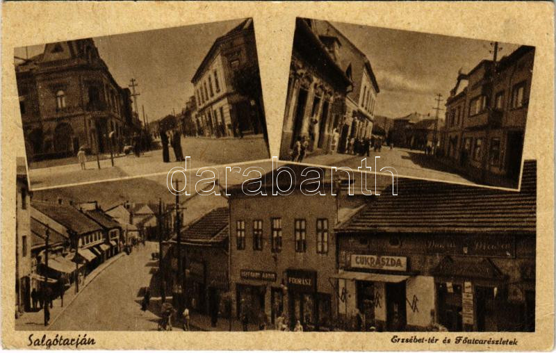 1943 Salgótarján, Erzsébet tér és Fő utca, cukrászda, fodrász (fa)