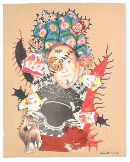 Szeift Béla (1944-2012): Virágzó mezőgazdaság, 2002. Vegyes technika, kollázs, karton, jelzett, 50x40,5 cm
