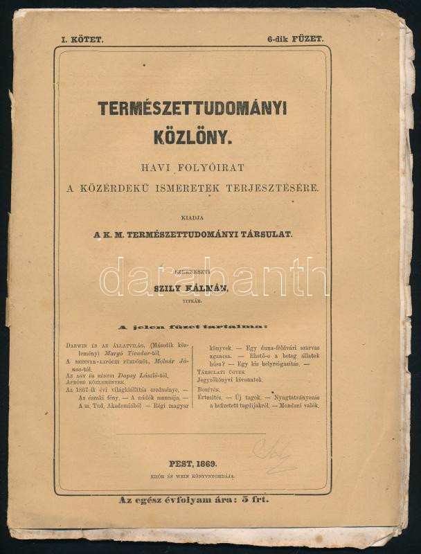 Thanhoffer Lajos (1843-1909): 3 db tábla, pillangók, madarak...stb, litográfiák, 25x19 cm + 1869 Természettudományi Közlöny I. köt. 5-6. füzet. Szerk.: Szily Kálmán. Pest, 1869, Khór és Wein. Papírkötésekben, az 5. kötet - Image 2