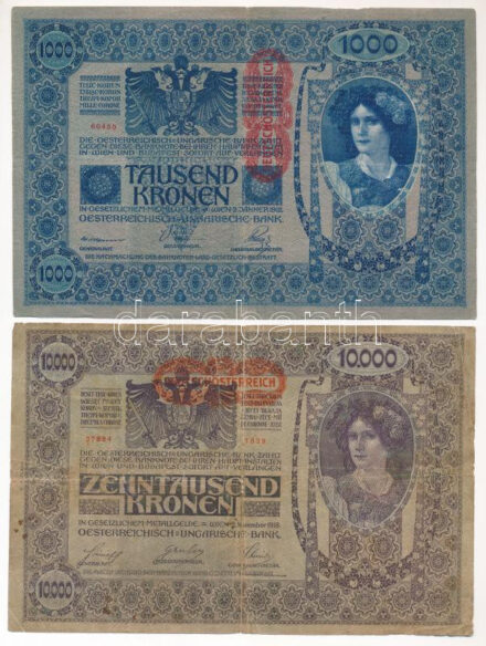 Ausztria Ausztria 1918. 10.000K vízszintes 'DEUTSCHÖSTERREICH' felülbélyegzéssel, hátlap rajzos + 1919. (1902) 1000K '1907 67884' függőleges 'DEUTSCHÖSTERREICH' felülbélyegzéssel, mindkét oldal német T:III,III- Austria 1918. 10.000
