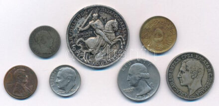 6db-os vegyes külföldi érme tétel, közte Ausztria 1870. 10kr Ag + 1941. 'Délvidéki Emlékérem' ezüstözött Zn sérült emlékérem mellszalag és fül nélkül. Szign.: BERÁN L. T:2-3 patina 6pcs of mixed foreign coin lot, in it Austria