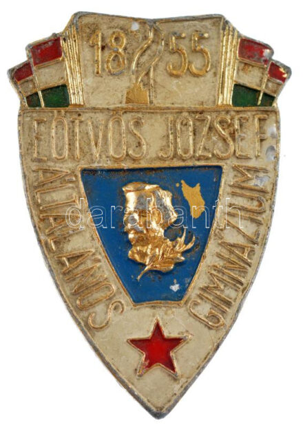 ~1960-1970. 'Eötvös József Általános Gimnázium' festett fém iskolajelvény (48x35) T:2 kopott festés