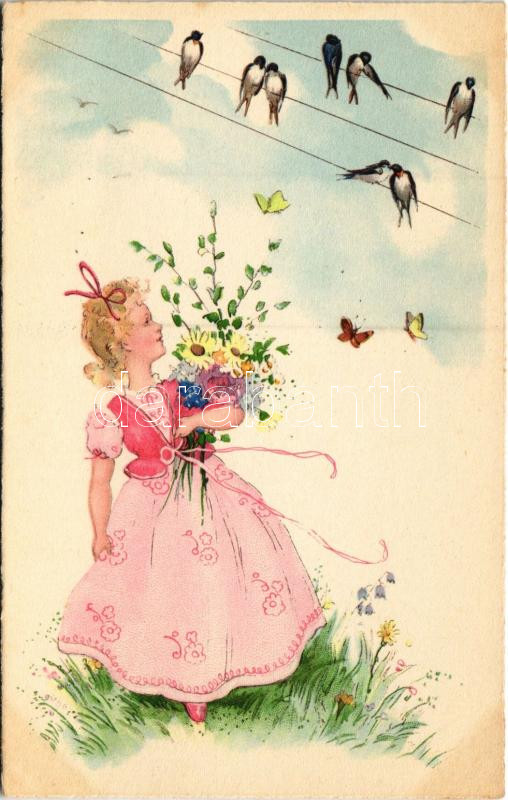 Children art postcard, girl with flowers and birds. Pittius
