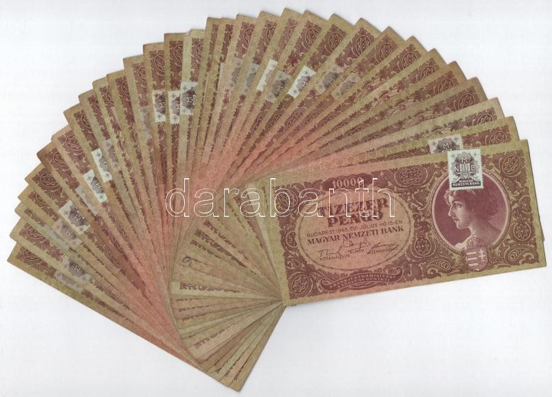 1945. 10.000P (31x) közte több bankjegy 'MNB' bélyeggel T:III közte folt, kis szakadás Adamo P23,23e