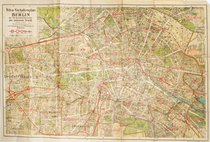 cca 1930 Silva-Verkehrsplan von Berlin,1:20.000, szakadt, hajtott, javított, 47x70 cm