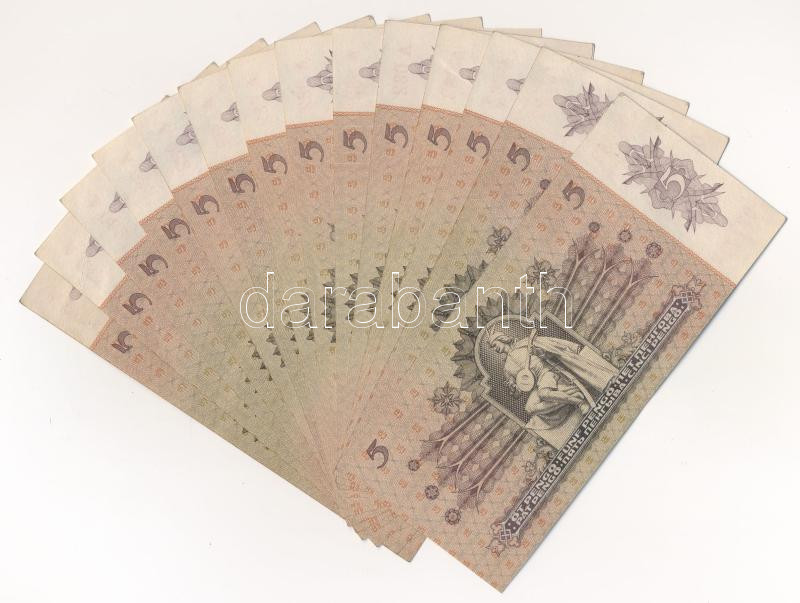 1939. 5P (15x) közte sorszámkövetők párosával, hármasával, közeli sorszámúak T:II-III szép papír Adamo P6 - Image 2
