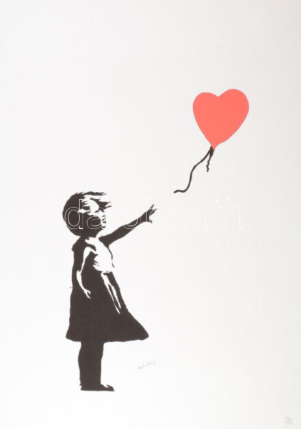 Banksy: Girl with balloon. Ofszet litográfia, papír, jelzett a nyomaton, 'POWPrintmaking' szárazpecséttel Grafiart - Aviomar Italia tanúsítvánnyal Számozott:82/150. Lapméret: 70x50 cm, / Numbered, marked