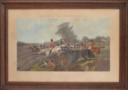 cca 1880 Herring's fox hunting scenes. Full cry. Róka vadászat. Színezett acélmetszet. Képméret 44x80 cm Üvegezett keretben. Large steel plate engraving in glased frame. NEM POSTÁZZUK, CSAK SZEMÉLYES ÁTVÉTEL