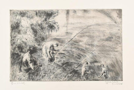 Aszódi Weil Erzsébet (1901-1976): Dunánál (Horgászok). Rézkarc papír, jelzett, 18,5×29 cm