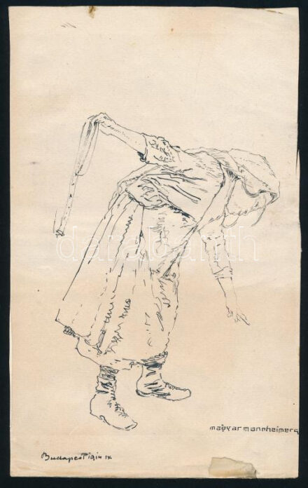 Magyar Mannheimer Gusztáv (1859-1937): Lány. Tus, papír, jelzett, lap széle sérült és kissé foltos, 20×12 cm