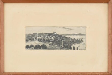 Csurgói Máté Lajos (1931-2001): Tihanyi látkép. Rézkarc, vászon, jelzett a karcon, üvegezett keretben, 7×17 cm