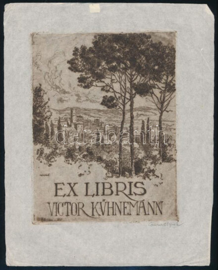 Conrád Gyula (1877-1959): Ex libris Victor Kühnemann. Rézkarc, papír, jelzett, lap széle kissé gyűrött, 17×13 cm