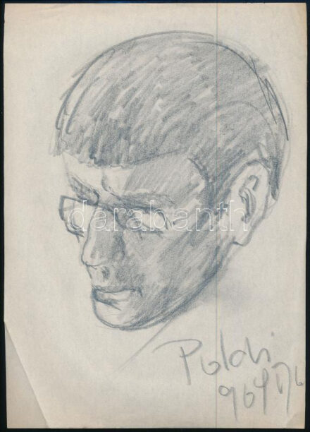 Poldi jelzéssel: Arckép, 1969. Ceruza, papír. Lap sarkaiban törésnyomokkal. 28,5x20,5 cm