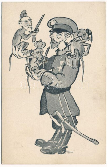 Első világháborús magyar antanthatalmak ellenes gúnyos propaganda lap. Magyar Fénynyomdai Rt. 27. / WWI Hungarian anti-Entente Powers military mocking propaganda s: bíró