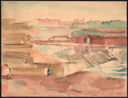 Johan Hugó (1891-1956): Dunapart Budapestnél. Akvarell, ceruza, papír, jelzett. Proveniencia: Johan Hugó hagyatéka. 23x29,5 cm. / watercolour and pencil on paper, signed. Provenance: from the estate of the artist.