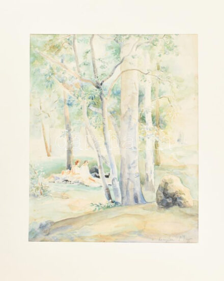 Olvashatatlan jelzéssel: Piknik a szabadban, 1945. Akvarell, papír. Paszpartuban. Lapon apró foltokkal. 31,5x25,5 cm.
