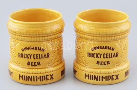 2 db Gránit söröskorsó, Hungarian Rocky Cellar Beer - Export Monimpex Budapest felirattal. Mázas kerámia, jelzett, kisebb mázrepedésekkel, m: 11,5 cm