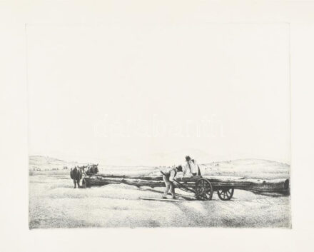 Dudás Jenő (1900-1991): Szálfahordás. Rézkarc, papír, jelzés nélkül, hátoldalán feliratozott, lap bal alsó sarkában apró foltokkal, 29×38,5 cm