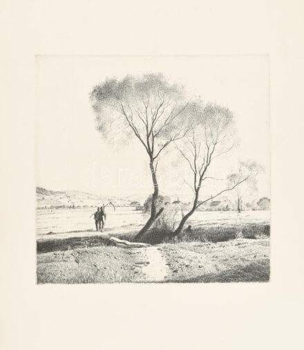 Dudás Jenő (1900-1991): Fűzfák. Rézkarc, papír, jelzés nélkül, hátoldalán feliratozott, lap bal oldalán apró lyukkal, 29×29 cm