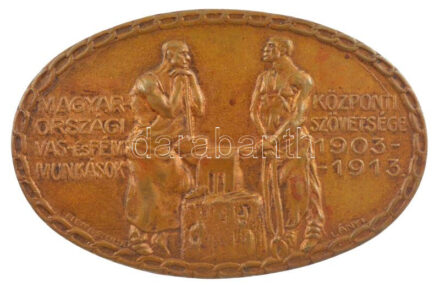 Lányi Dezső (1879-1951) / Klett és Szeiler (vésnöküzem) 1913. 'Magyarországi Vas- és Fémmunkások Központi Szövetsége 1903-1913' bronz ovális jelvény (37x57mm) T:1-