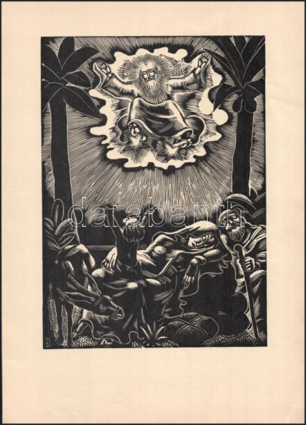 cca 1933 Dallos Hanna (1907-1944): 'Mi atyánk, ki vagy a menyekben', fametszet, papír, jelzett a dúcon, 28,5x20,5 cm