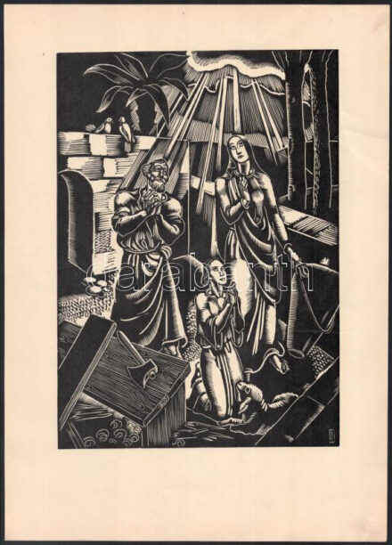 cca 1933 Dallos Hanna (1907-1944): 'Szenteltessék meg a te neved', fametszet, papír, jelzett a dúcon, 28,5x20,5 cm