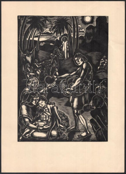 cca 1933 Dallos Hanna (1907-1944): 'Mindennapi kenyerünket', fametszet, papír, jelzett a dúcon, 28,5x20,5 cm