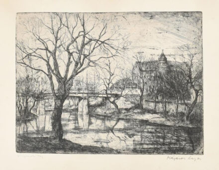 Mészáros Lajos (1925-1971): Vízparti táj (Szolnok). Rézkarc, papír, jelzett, kartonra kasírozva, 29,5×38,5 cm