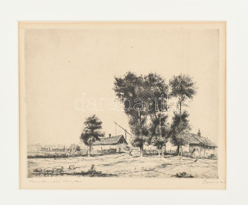 Boldizsár István (1897-1984): Kecskeméti tanya. Rézkarc, papír, jelzett, paszpartuban, 17x24 cm