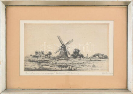 Boldizsár István (1897-1984): Tanya és szélmalom. Rézkarc, papír, jelzett, Boldizsár István autográf ajándékozási soraival 1968-ból. Üvegezett fakeretben. 17x31 cm