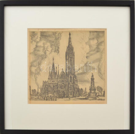 Szabó Vladimír (1905-1991): A Szentháromság téren. Rézkarc, papír, jelzett. Lap széle foltos. Üvegezett fakeretben, hátoldali üvegen repedéssel. 23×28 cm