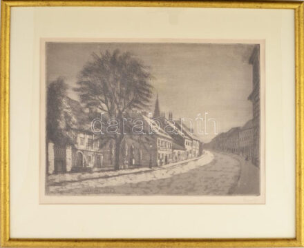 Élesdy István (1912-1987): Országház utca, Buda. Rézkarc, papír, jelzett, dekoratív üvegezett fakeretben, 29×39,5 cm