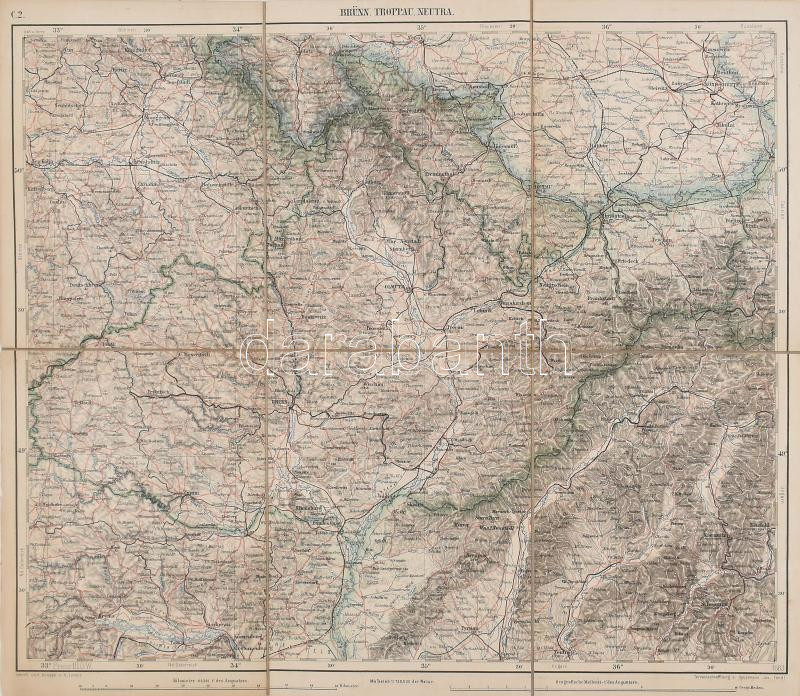 cca 1910 Brünn, Troppau, Neutra katonai térképe, 1:750 000, kiadja: K.u.k. militär-geographisches Institut, vászontérkép, 37×42 cm