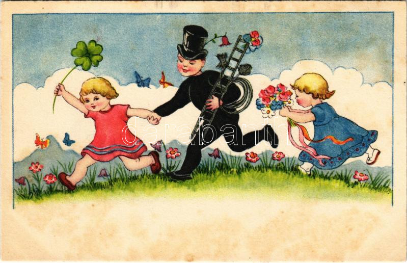 Children art postcard with chimney sweeper and clover. 'ERIKA' Nr. 3476. (fl)